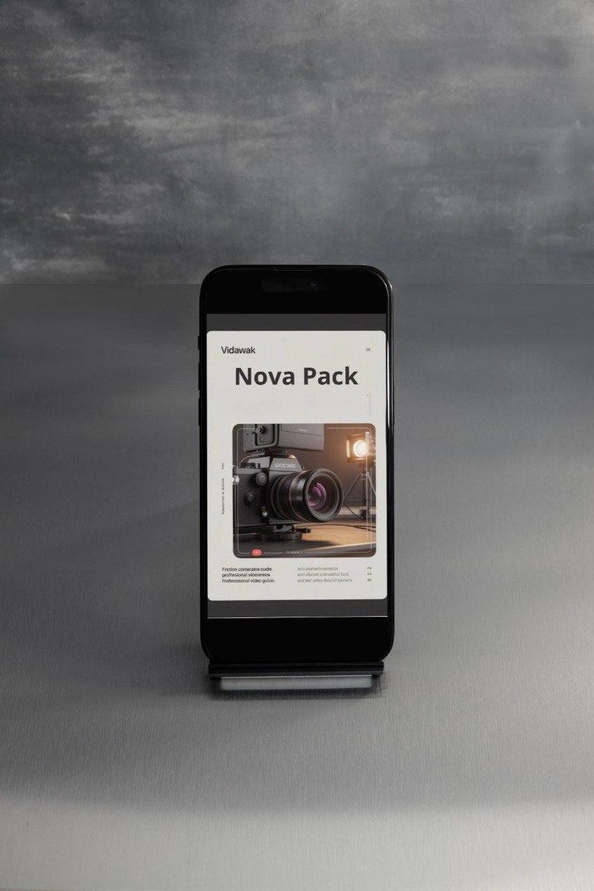Smartphone displaying a camera product on a gray background