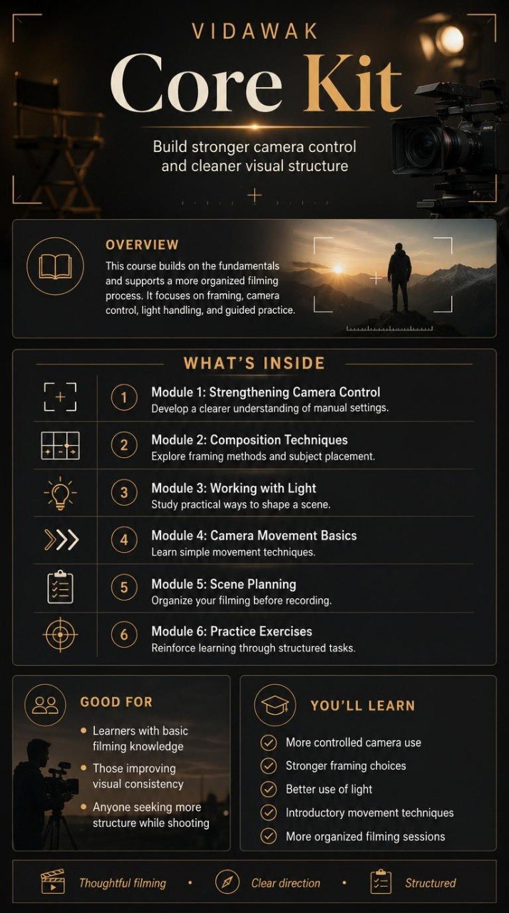 Vidawak Core Kit course overview with text and minimal images on a dark background