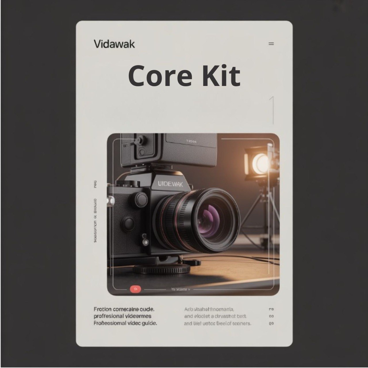 Product packaging for 'Core Kit' by Vidawak with a camera and lighting equipment on a dark background.