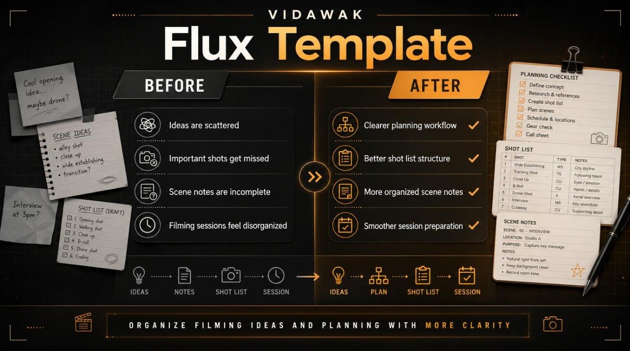 Vidawak Flux Template comparison with 'Before' and 'After' states on a dark background.