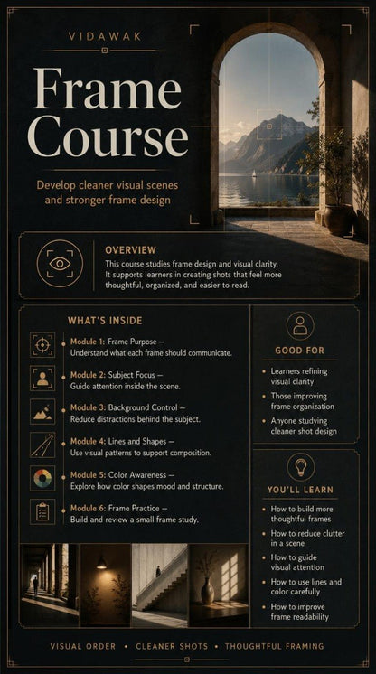 Promotional graphic for a 'Frame Course' by Vidawak, featuring mountain scenery and course details.