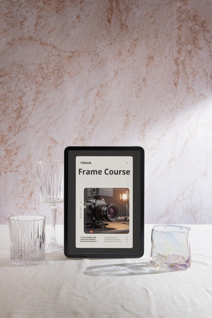 Digital display with 'Zenith Suite' on a marble surface with glasses and a candle.