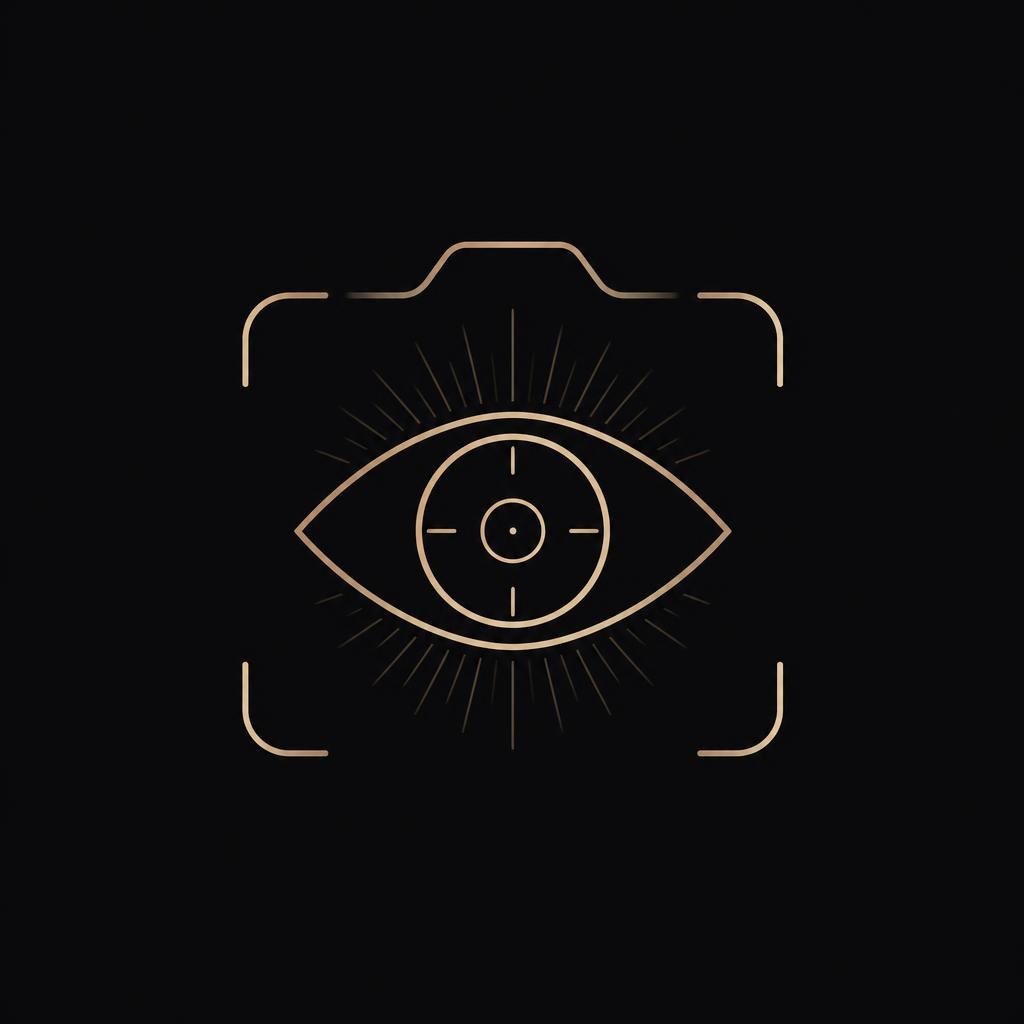 Icon of a camera lens with an eye design on a black background