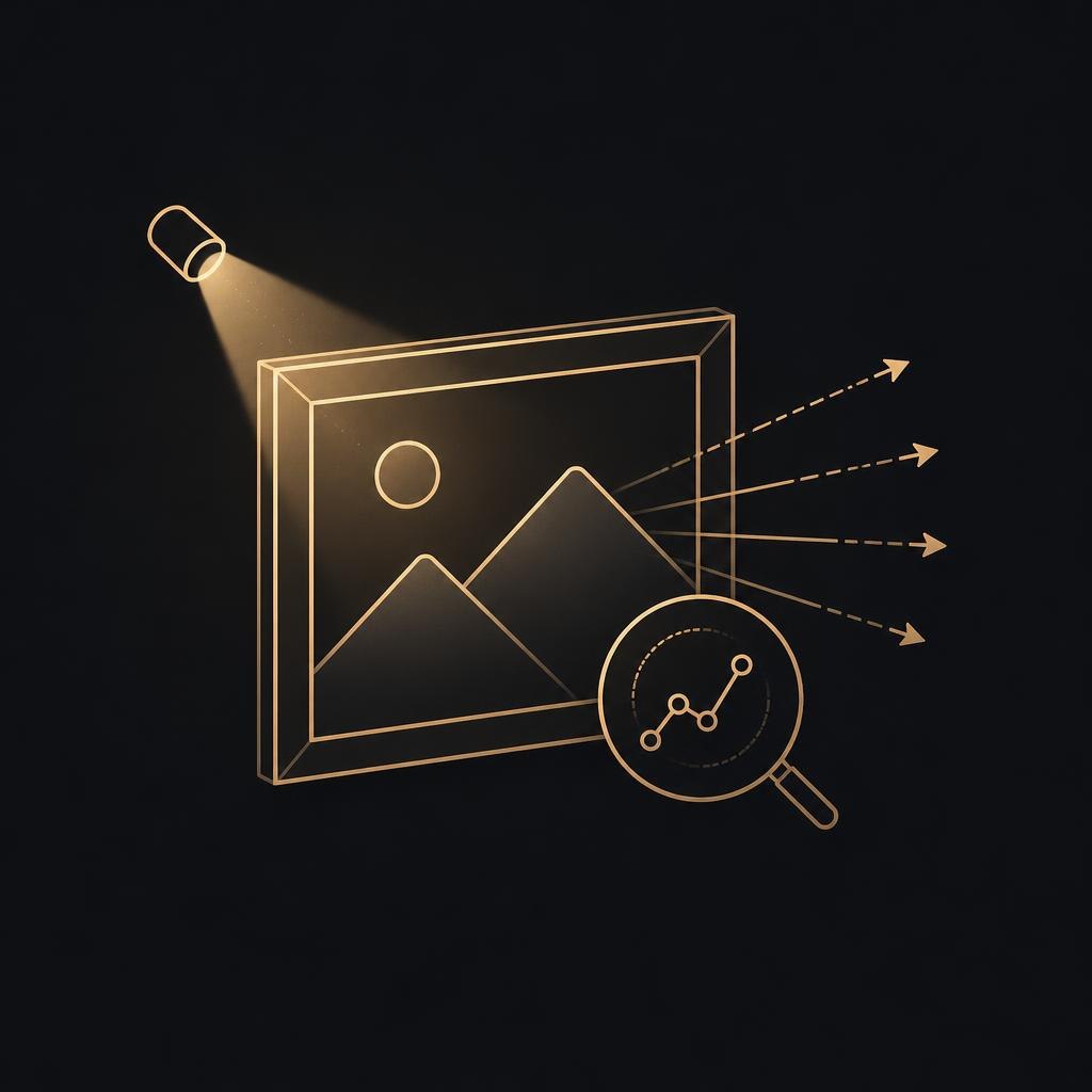 Illustration of a light source shining on a photo frame with mountains, pointing towards a circular diagram with arrows.