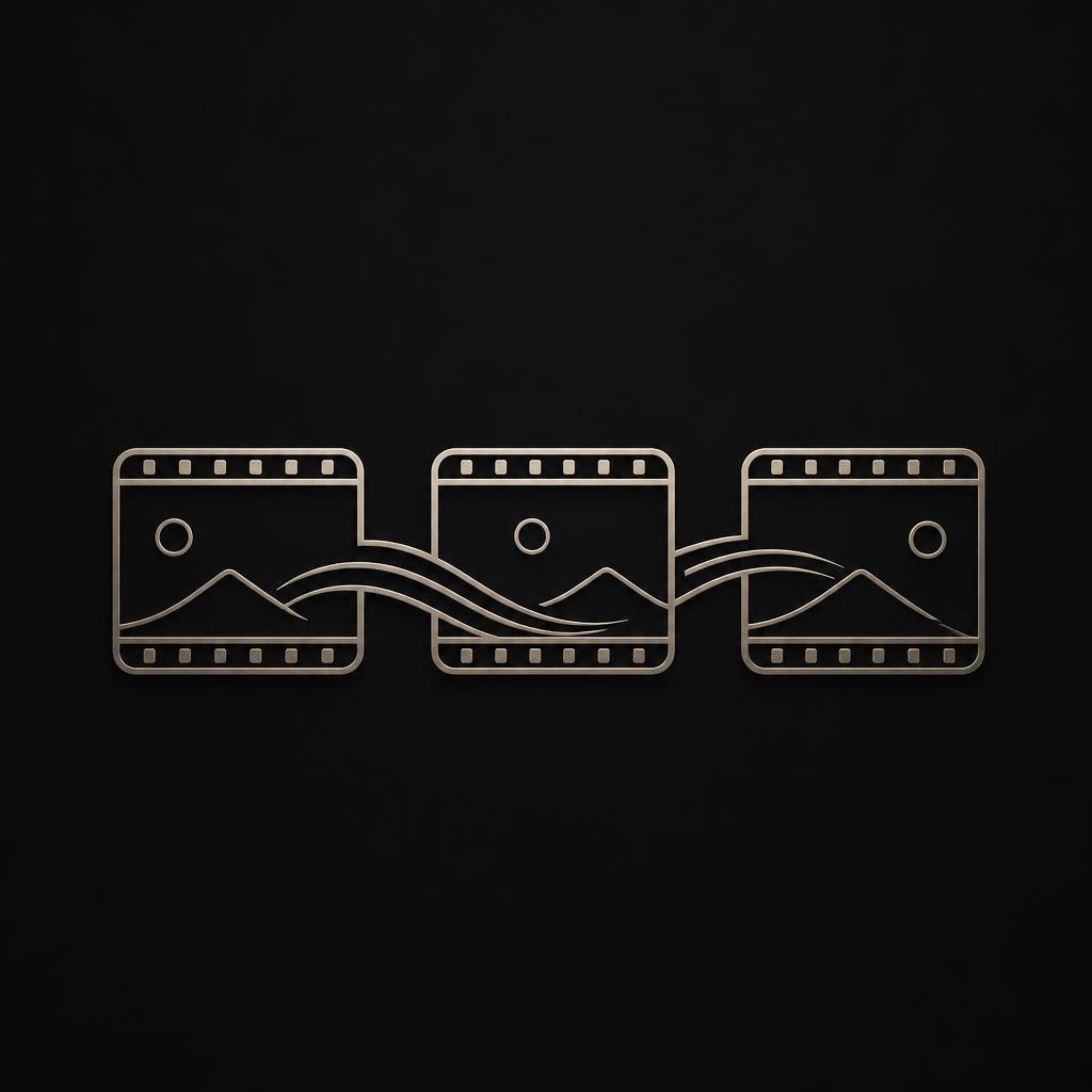 Three film reels connected by a film strip on a black background