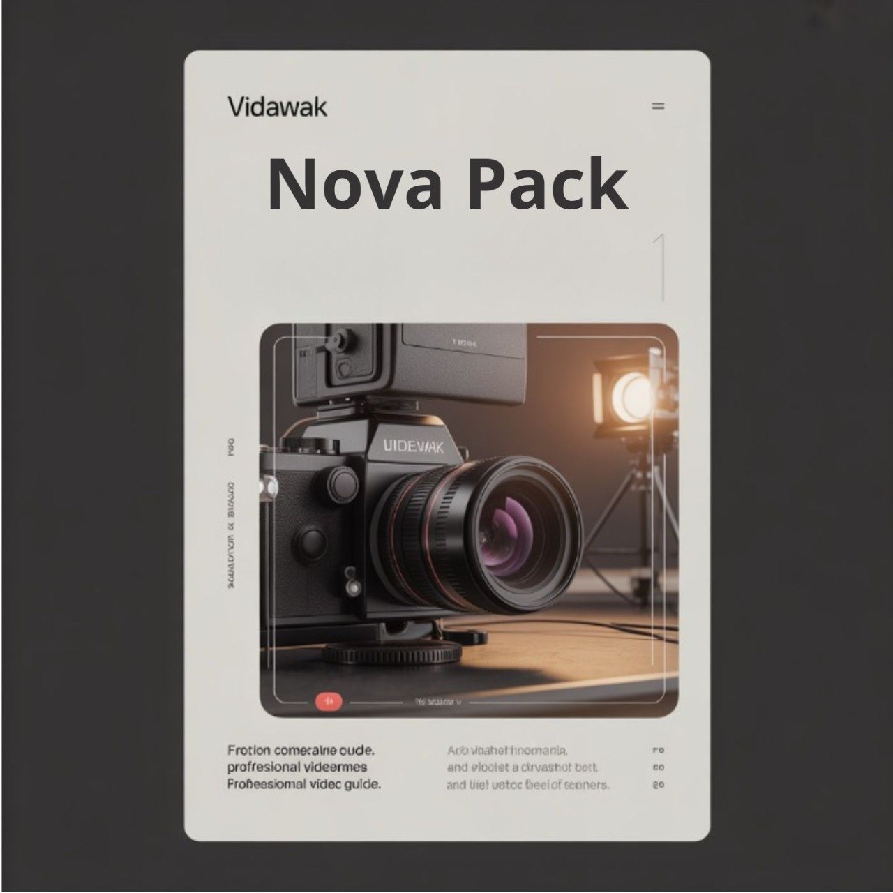 Product packaging for Vidawak Nova Pack with a camera on a dark background
