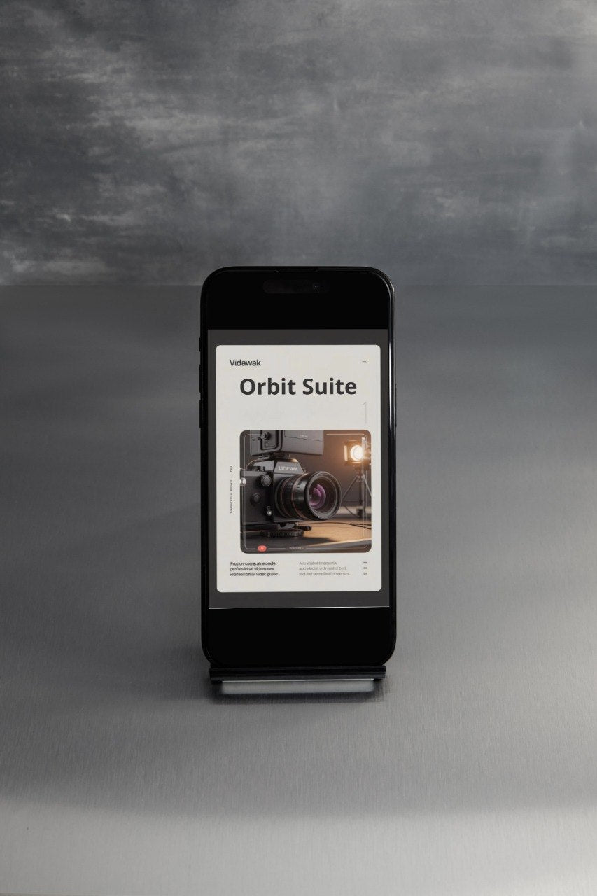 Smartphone displaying 'Orbit Suite' app on a gray background