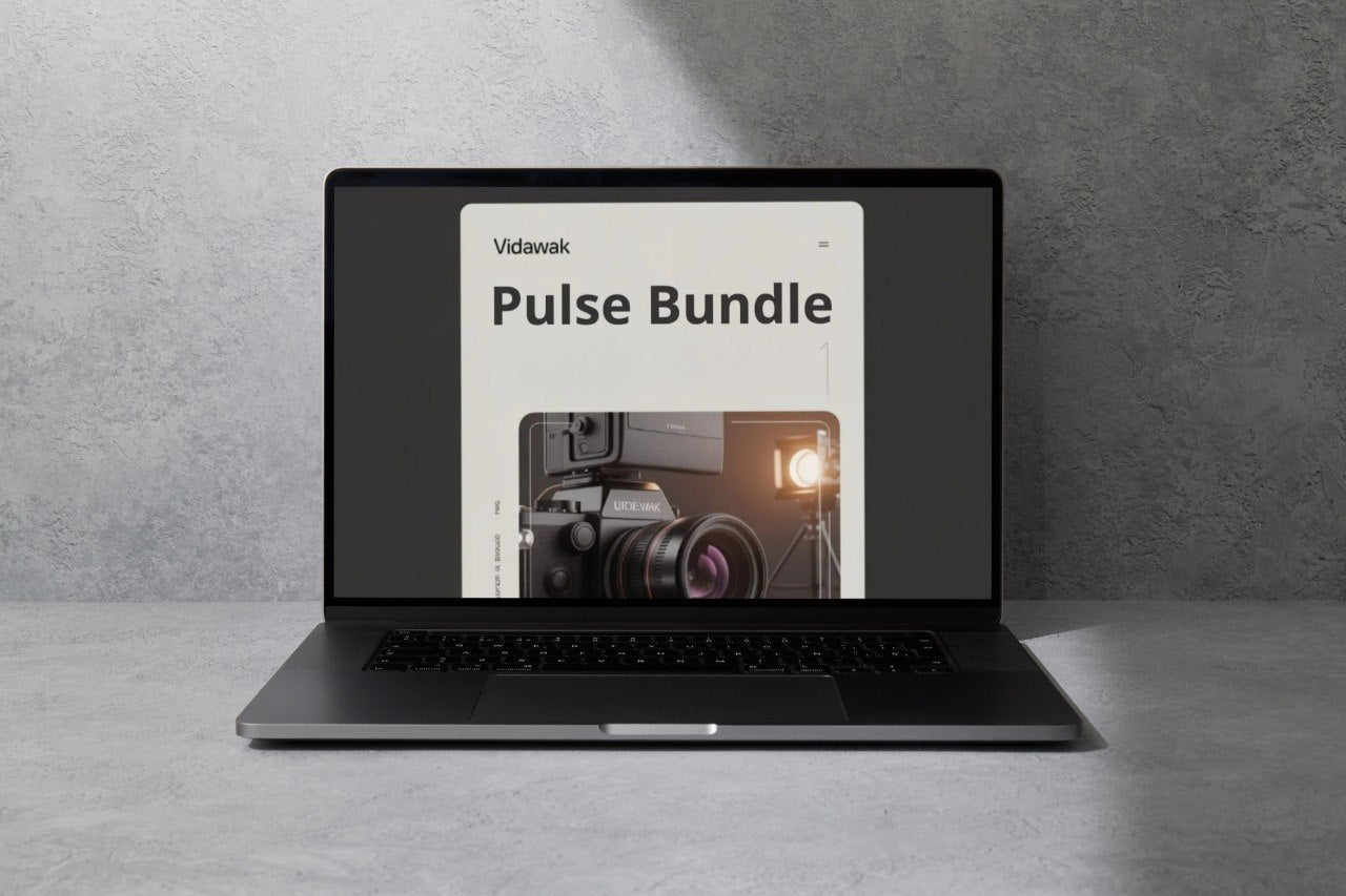 Laptop displaying 'Vidawak Pulse Bundle' on a gray surface with a gray background