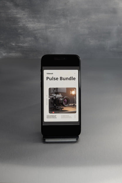Smartphone displaying a camera store app on a gray background