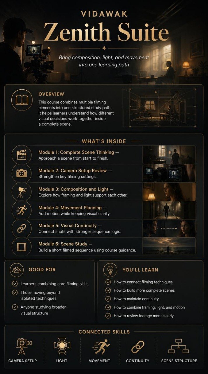 Vidawak Zenith Suite product description with text and images on a dark background
