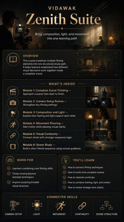 Vidawak Zenith Suite product description with text and images on a dark background