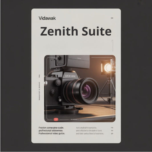 Vidawak Zenith Suite product packaging with camera and studio lights on a dark background
