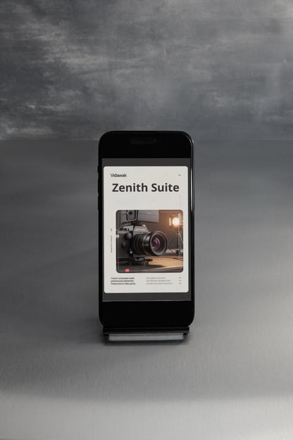 Smartphone displaying 'Zenith Suite' app on a gray background
